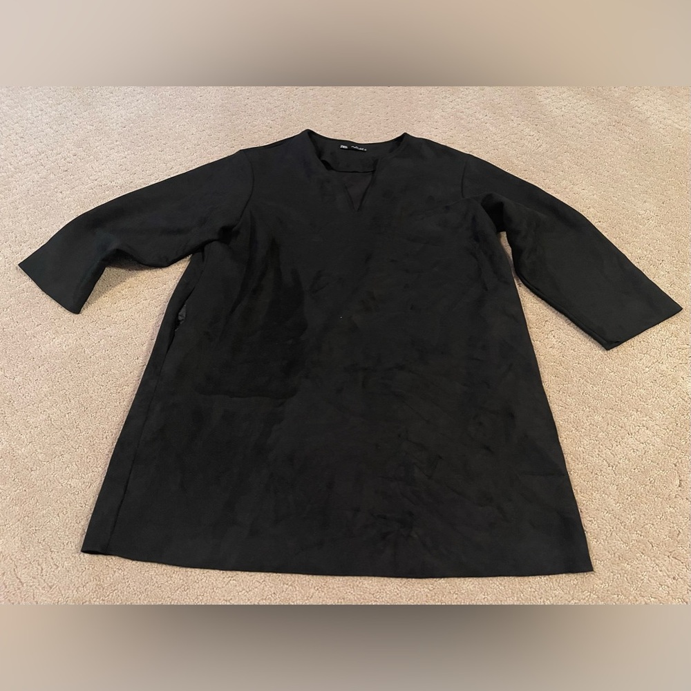 Zara Black Mini Shirt Dress Long Sleeve Size Large Bin 303